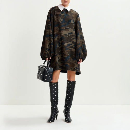 ESSENTIEL ANTWERP Inspector A-Line Mini Dress With Removable Collar in Brown, Khaki and Black Camouflage