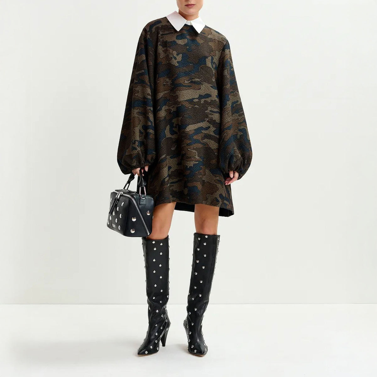 ESSENTIEL ANTWERP Inspector A-Line Mini Dress With Removable Collar in Brown, Khaki and Black Camouflage