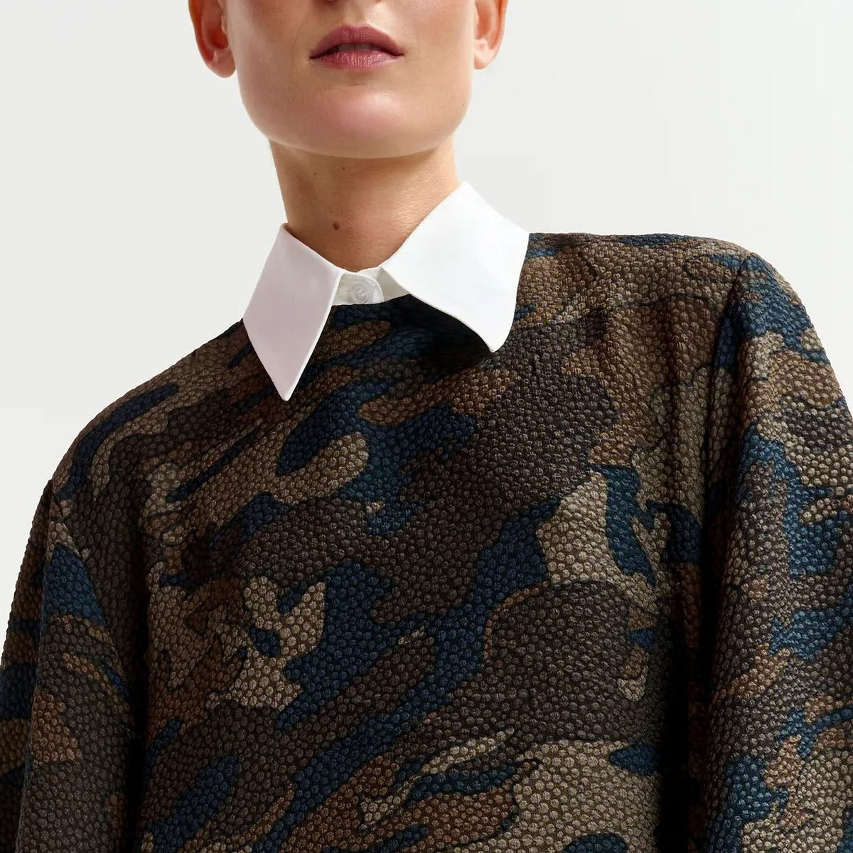 ESSENTIEL ANTWERP Inspector A-Line Mini Dress With Removable Collar in Brown, Khaki and Black Camouflage