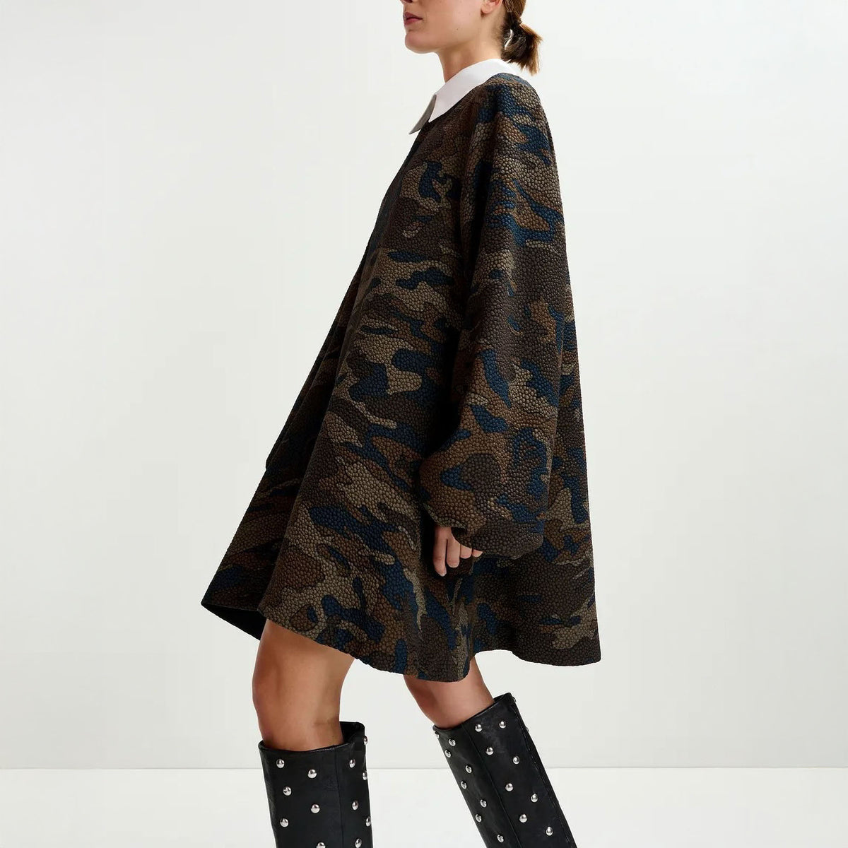 ESSENTIEL ANTWERP Inspector A-Line Mini Dress With Removable Collar in Brown, Khaki and Black Camouflage