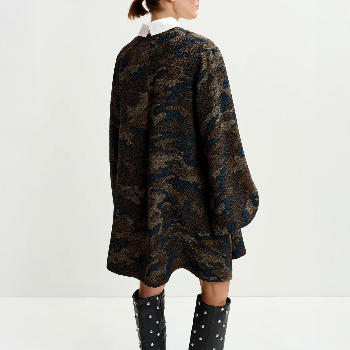 ESSENTIEL ANTWERP Inspector A-Line Mini Dress With Removable Collar in Brown, Khaki and Black Camouflage