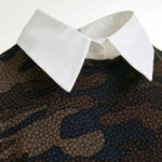 ESSENTIEL ANTWERP Inspector A-Line Mini Dress With Removable Collar in Brown, Khaki and Black Camouflage