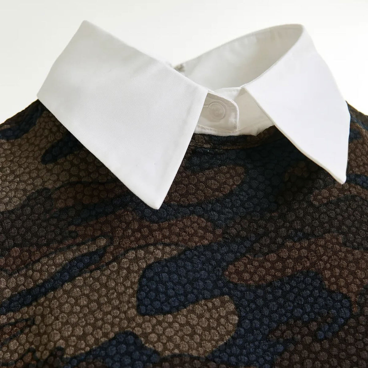 ESSENTIEL ANTWERP Inspector A-Line Mini Dress With Removable Collar in Brown, Khaki and Black Camouflage