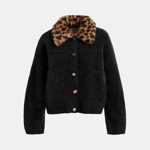 ESSENTIEL ANTWERP Intention Cardigan With Removable Leopard Faux Fur Collar in Black/Brown