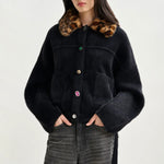 ESSENTIEL ANTWERP Intention Cardigan With Removable Leopard Faux Fur Collar in Black/Brown
