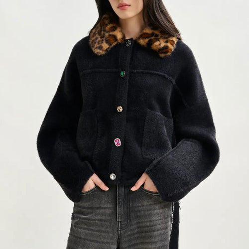ESSENTIEL ANTWERP Intention Cardigan With Removable Leopard Faux Fur Collar in Black/Brown