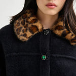 ESSENTIEL ANTWERP Intention Cardigan With Removable Leopard Faux Fur Collar in Black/Brown