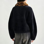 ESSENTIEL ANTWERP Intention Cardigan With Removable Leopard Faux Fur Collar in Black/Brown