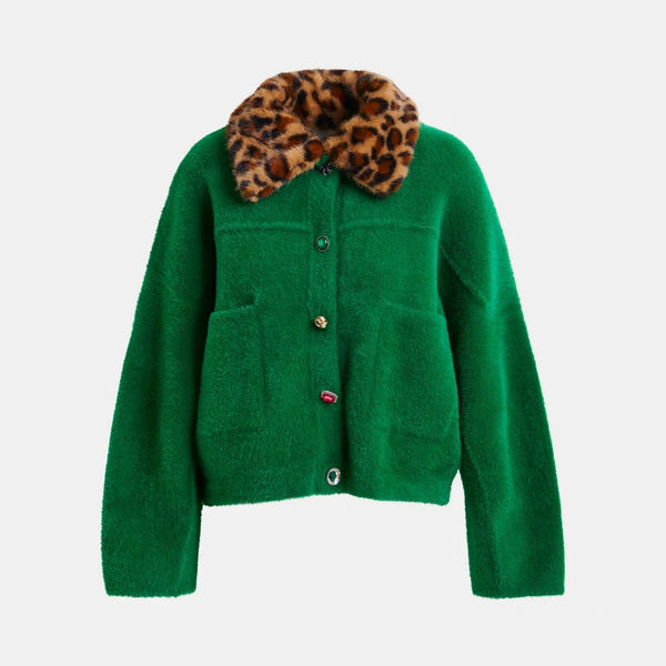 ESSENTIEL ANTWERP Intention Cardigan With Removable Leopard Faux Fur Collar in Green