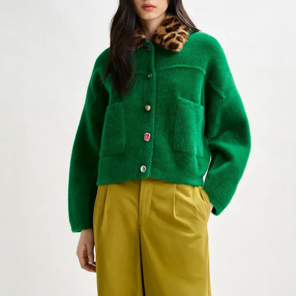 ESSENTIEL ANTWERP Intention Cardigan With Removable Leopard Faux Fur Collar in Green