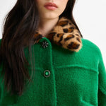 ESSENTIEL ANTWERP Intention Cardigan With Removable Leopard Faux Fur Collar in Green