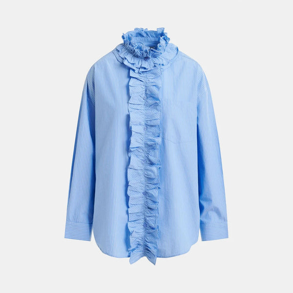 ESSENTIEL ANTWERP Ipojuca Ruffle Neckline Shirt in Pale Kingsblue