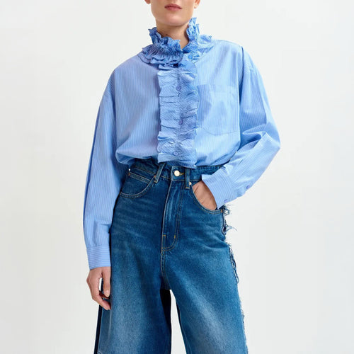 ESSENTIEL ANTWERP Ipojuca Ruffle Neckline Shirt in Pale Kingsblue