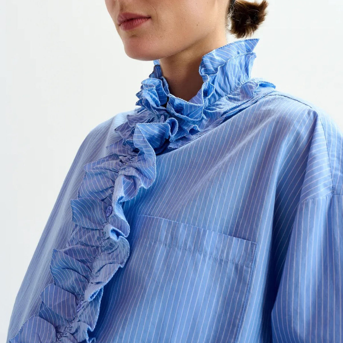 ESSENTIEL ANTWERP Ipojuca Ruffle Neckline Shirt in Pale Kingsblue