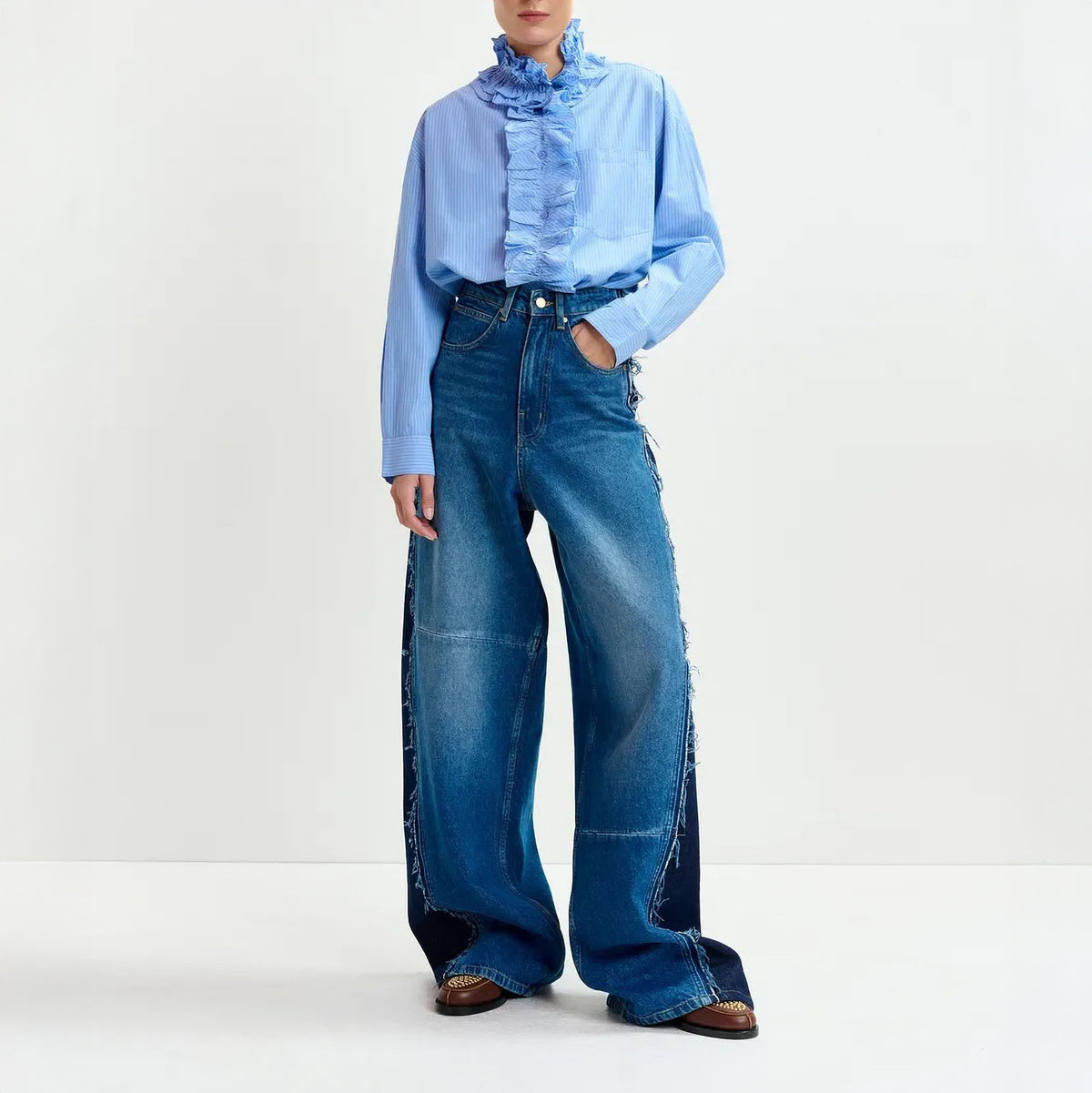ESSENTIEL ANTWERP Ipojuca Ruffle Neckline Shirt in Pale Kingsblue