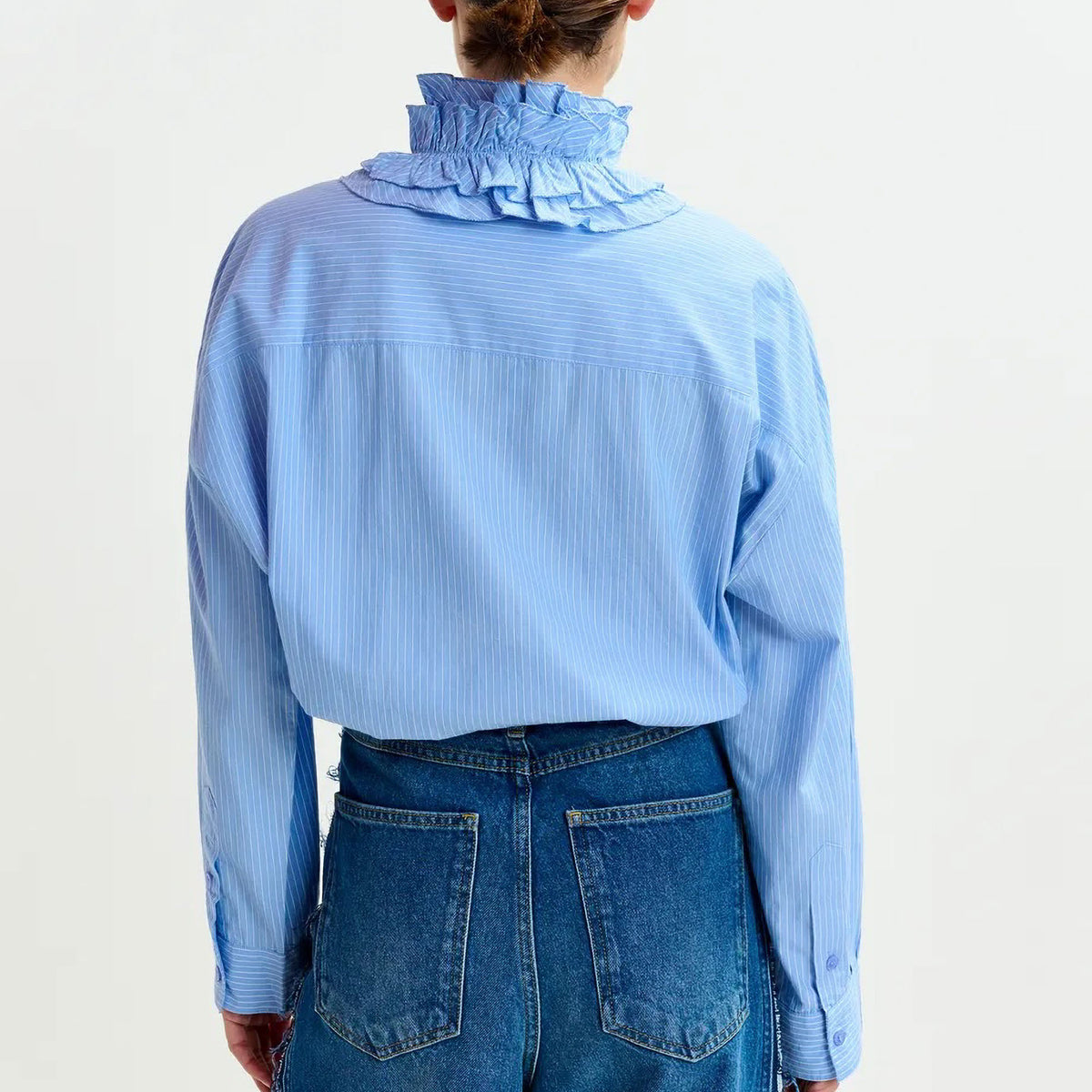 ESSENTIEL ANTWERP Ipojuca Ruffle Neckline Shirt in Pale Kingsblue
