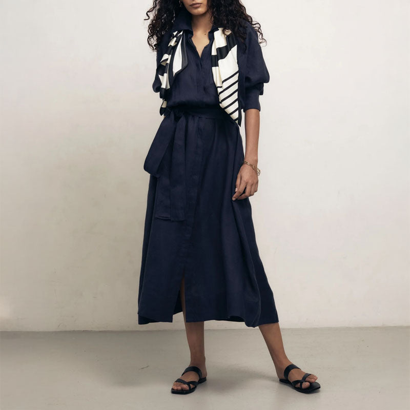 MONDO CORSINI Ira Linen Shirt Dress with Button Opening in Midnight