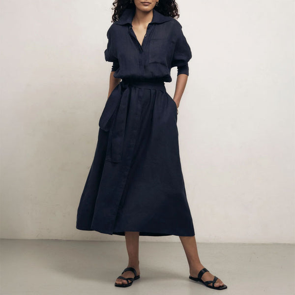 MONDO CORSINI Ira Linen Shirt Dress with Button Opening in Midnight