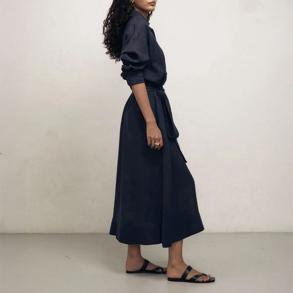 MONDO CORSINI Ira Linen Shirt Dress with Button Opening in Midnight