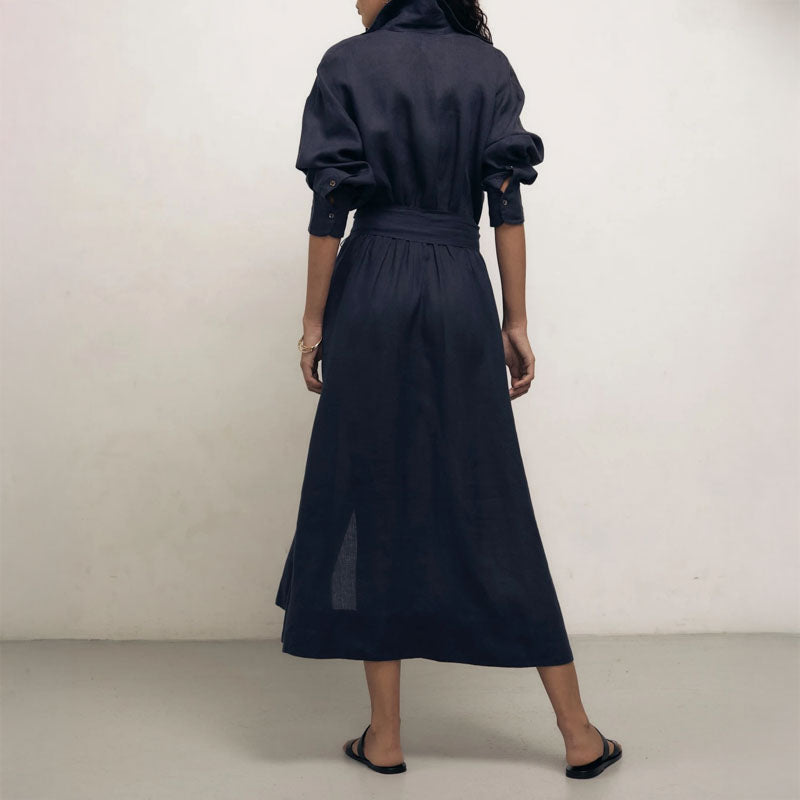 MONDO CORSINI Ira Linen Shirt Dress with Button Opening in Midnight