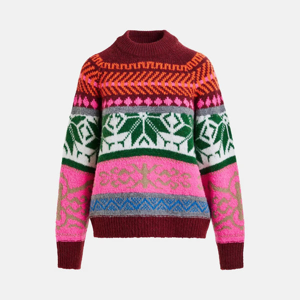 ESSENTIEL ANTWERP Irelando Mélange Knit Jacquard Sweater in Burgundy and Multicolor