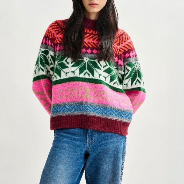 ESSENTIEL ANTWERP Irelando Mélange Knit Jacquard Sweater in Burgundy and Multicolor