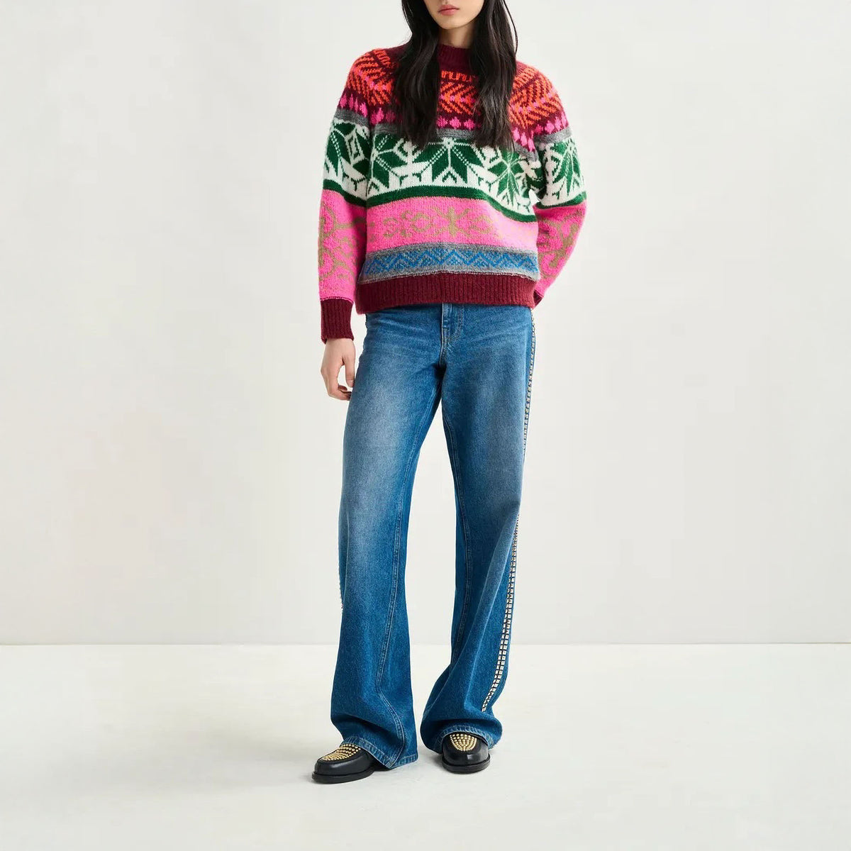 ESSENTIEL ANTWERP Irelando Mélange Knit Jacquard Sweater in Burgundy and Multicolor
