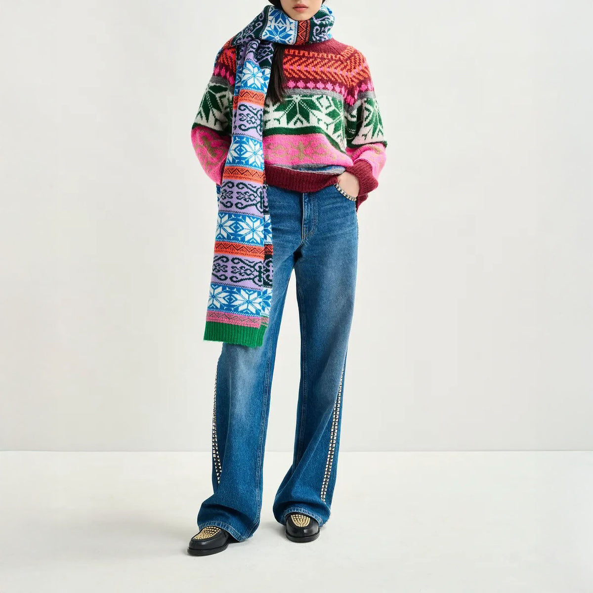 ESSENTIEL ANTWERP Irelando Mélange Knit Jacquard Sweater in Burgundy and Multicolor