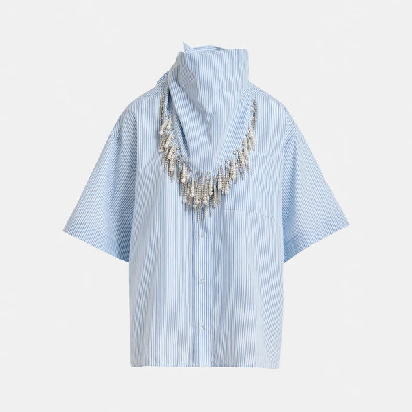 ESSENTIEL ANTWERP Jasleen Striped Cotton Shirt with Scarf in Blue