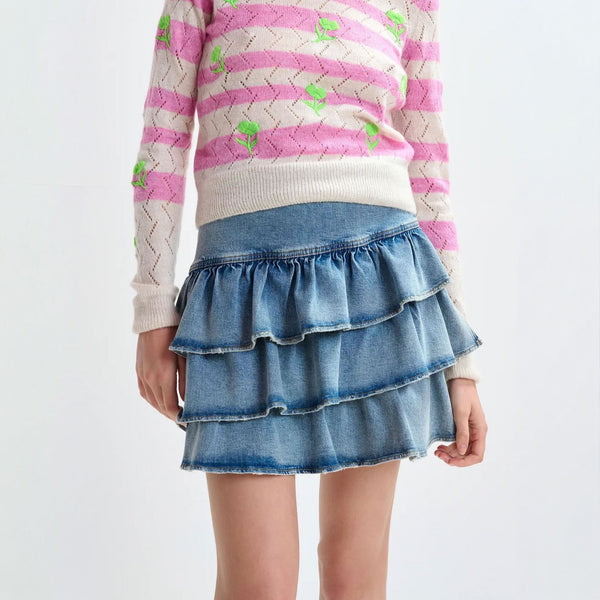 ESSENTIEL ANTWERP Ja Ruffled Denim Mini Skirt in Bright Sky