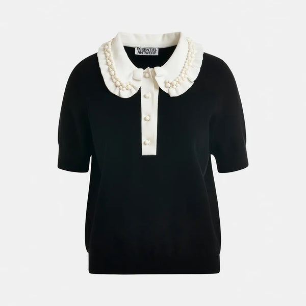 ESSENTIEL ANTWERP Jewelry Knit Polo in Black