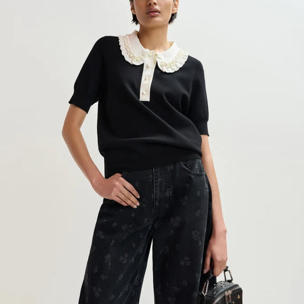 ESSENTIEL ANTWERP Jewelry Knit Polo in Black