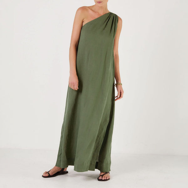 MONDO CORSINI Joan One Shoulder Column Dress in Verde