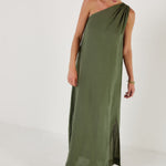 MONDO CORSINI Joan One Shoulder Column Dress in Verde