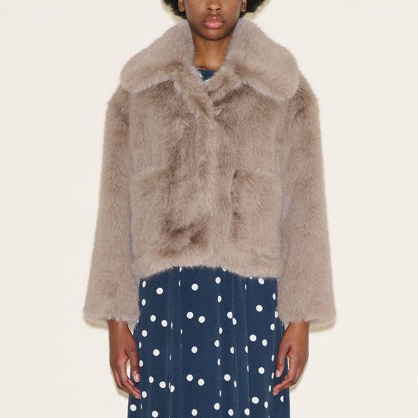 SAMDI Jude Faux Fur Coat in Light Taupe