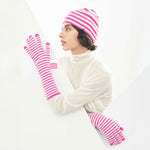 JUMPER1234 Narrow Stripe Rib Beanie in Hot Pink/Cream