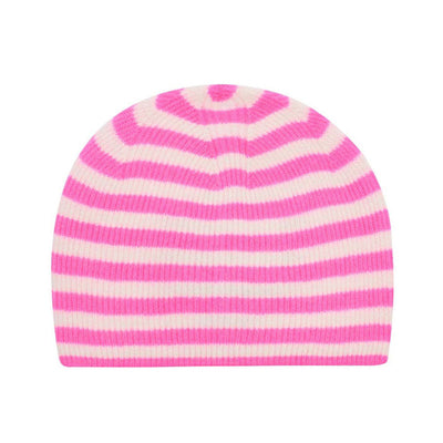 JUMPER 1234 Narrow Stripe Rib Beanie in Hot Pink/Cream