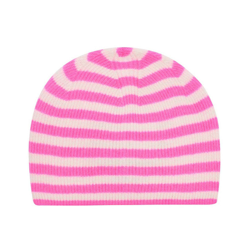 JUMPER 1234 Narrow Stripe Rib Beanie in Hot Pink/Cream