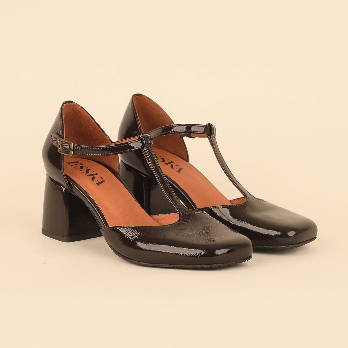 ESSKA Joy Patent T-Bar Heels in Dark Brown