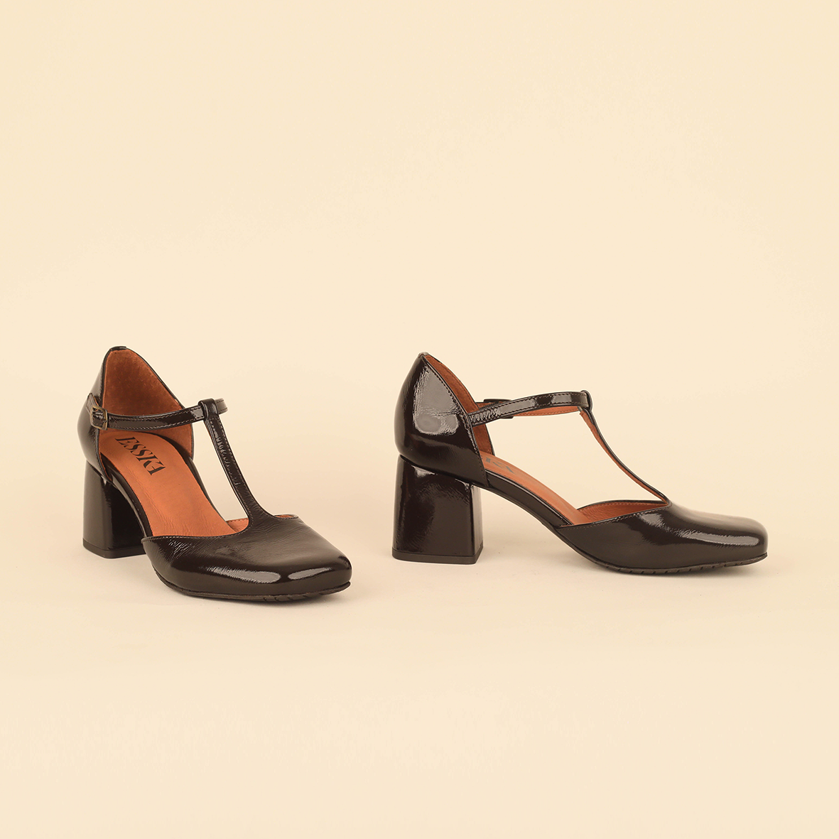 ESSKA Joy Patent T-Bar Heels in Dark Brown