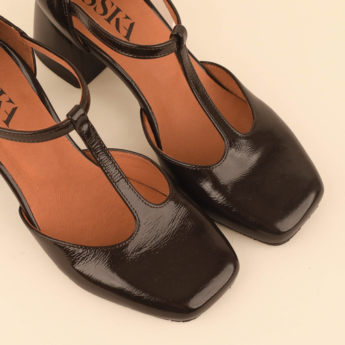 ESSKA Joy Patent T-Bar Heels in Dark Brown