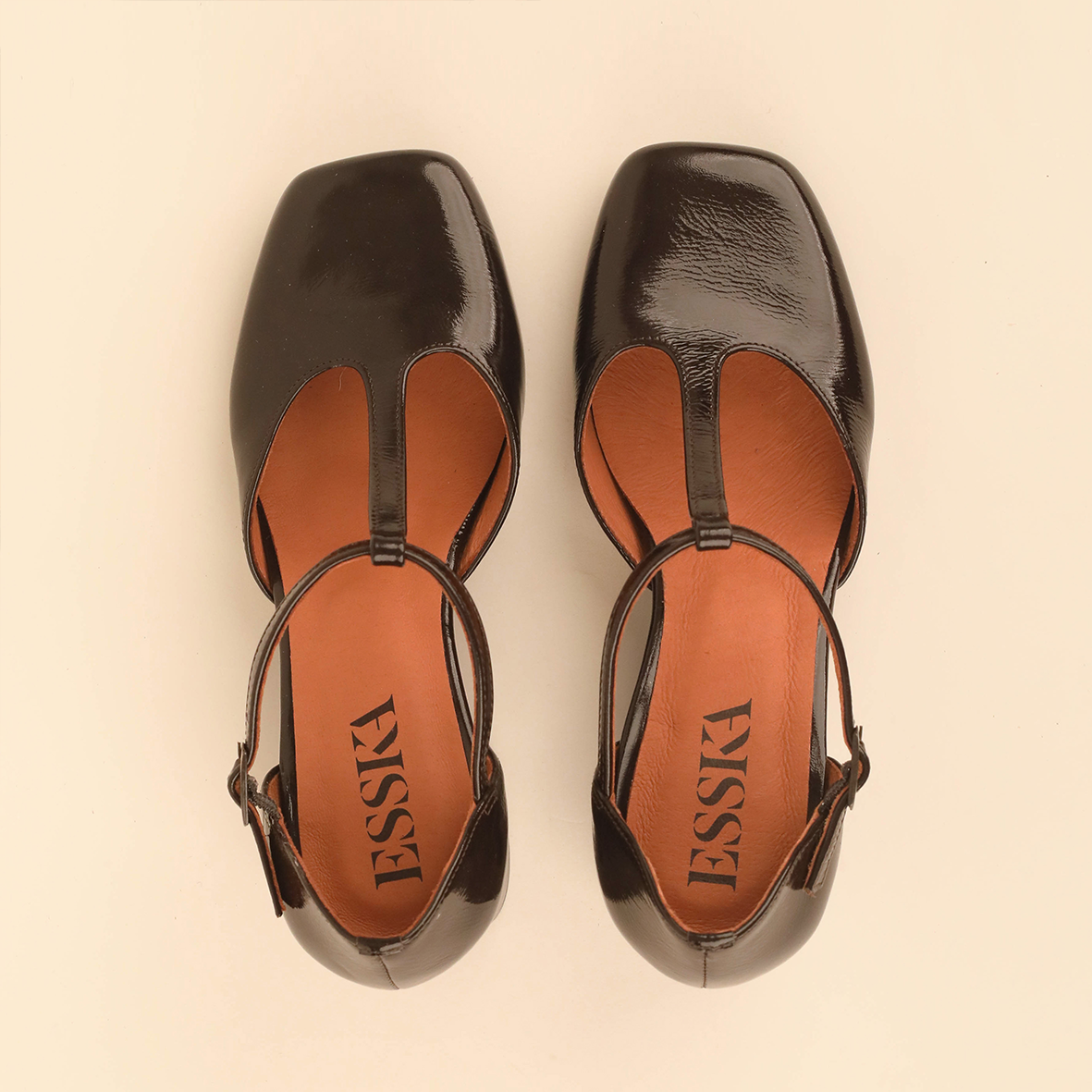 ESSKA Joy Patent T-Bar Heels in Dark Brown