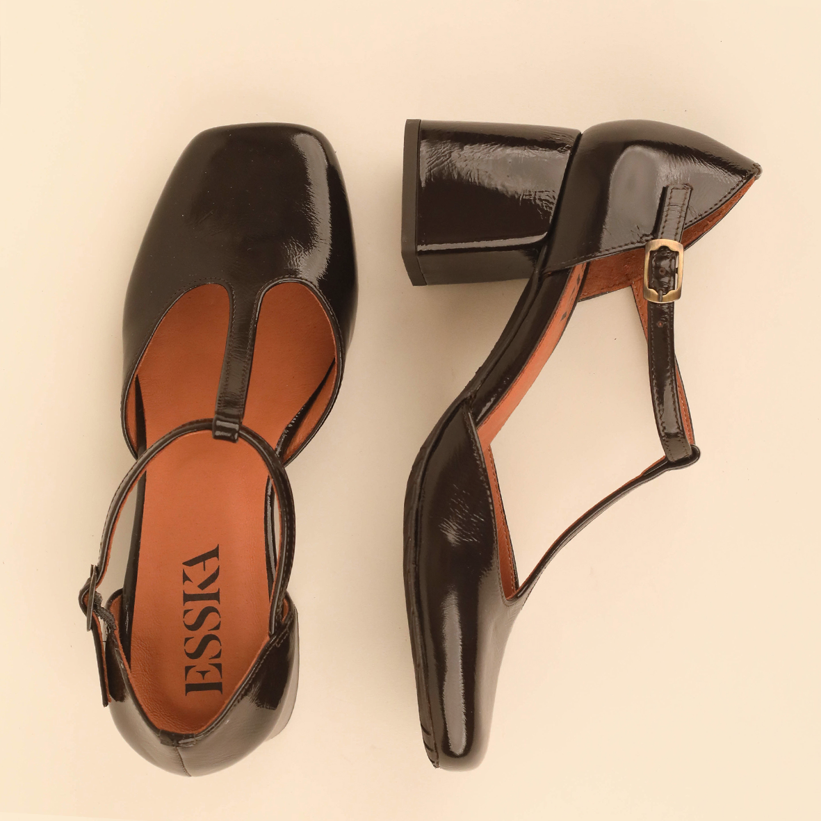 ESSKA Joy Patent T-Bar Heels in Dark Brown
