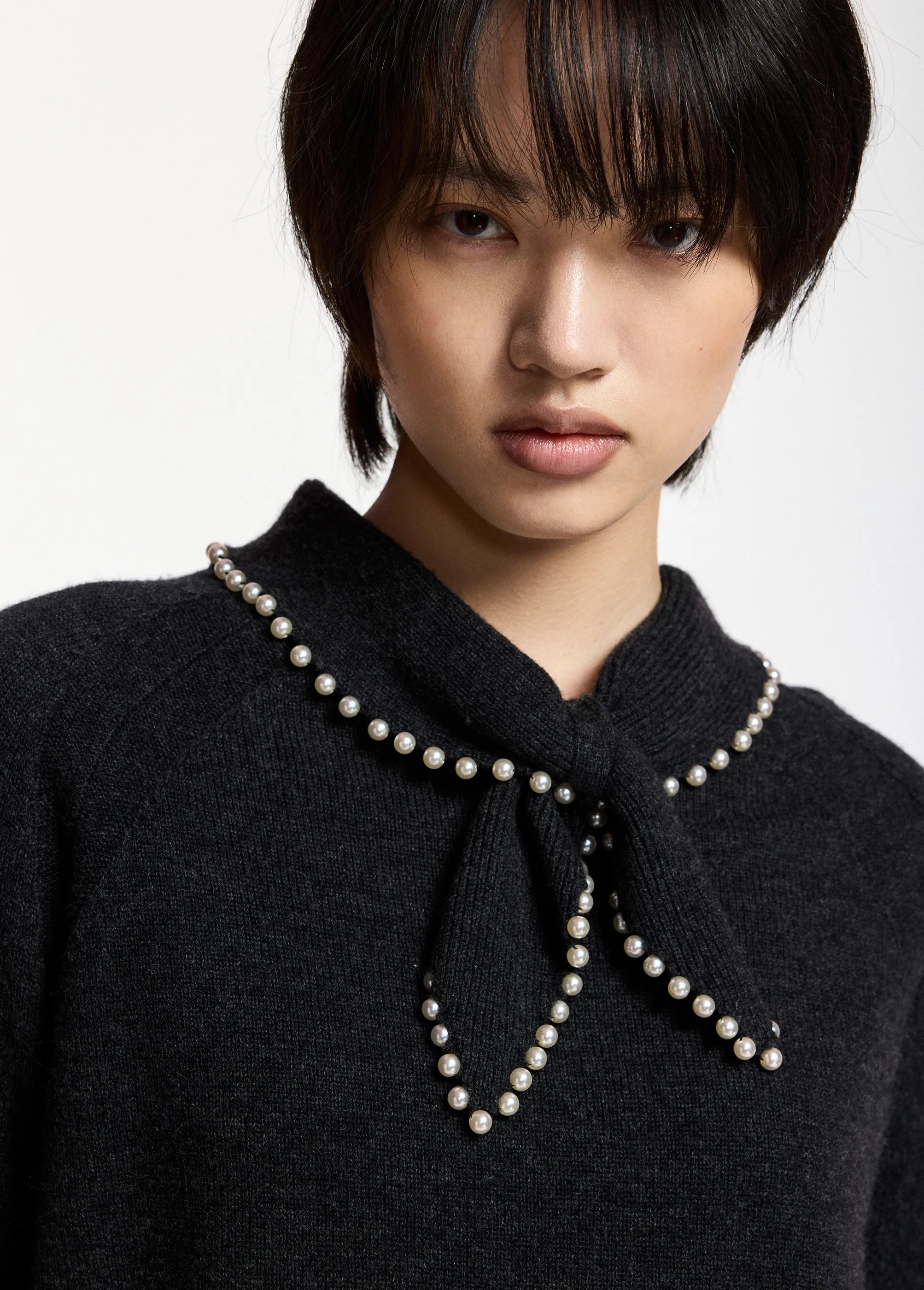 ESSENTIEL ANTWERP Kasa Tie Neck Jumper with Beads in Grey