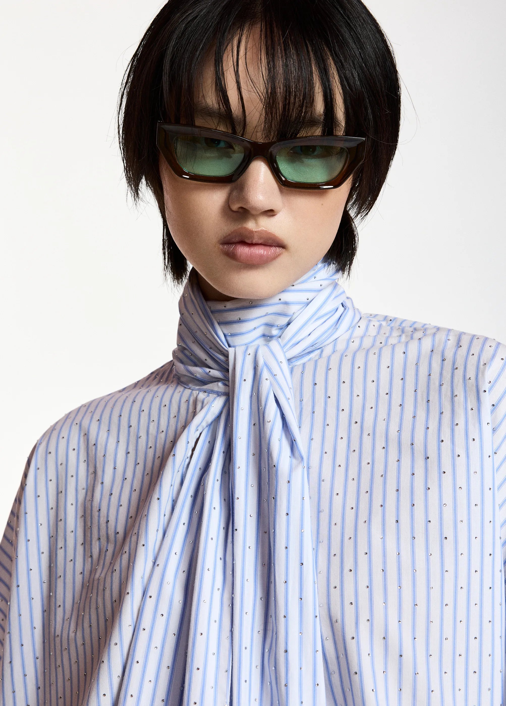 ESSENTIEL ANTWERP Kefir Striped Pussy-bow Top with Trumpet Sleeves in Light Blue/White