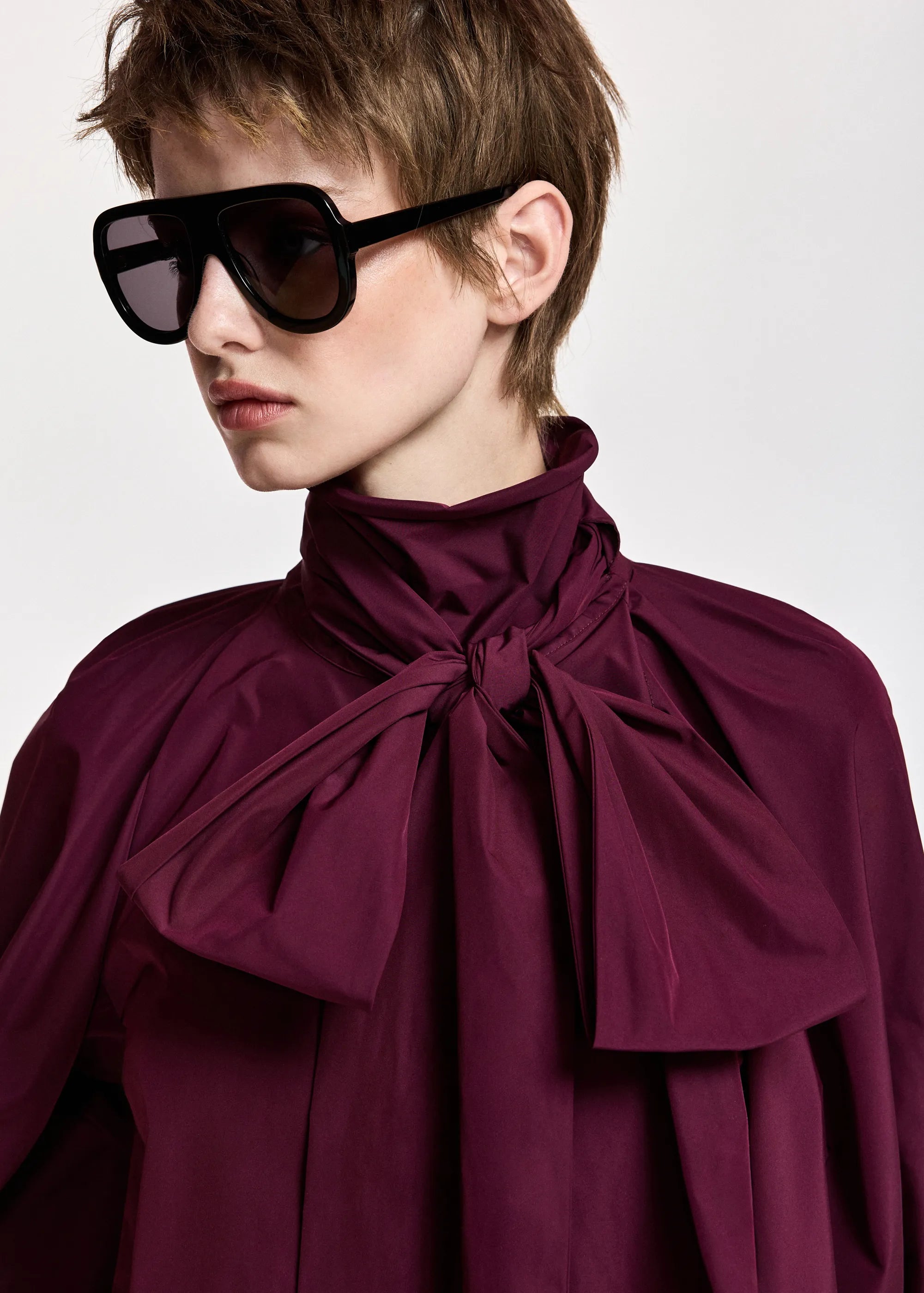 ESSENTIEL ANTWERP Keily Pussy Bow Tie Taffeta Top in Wine