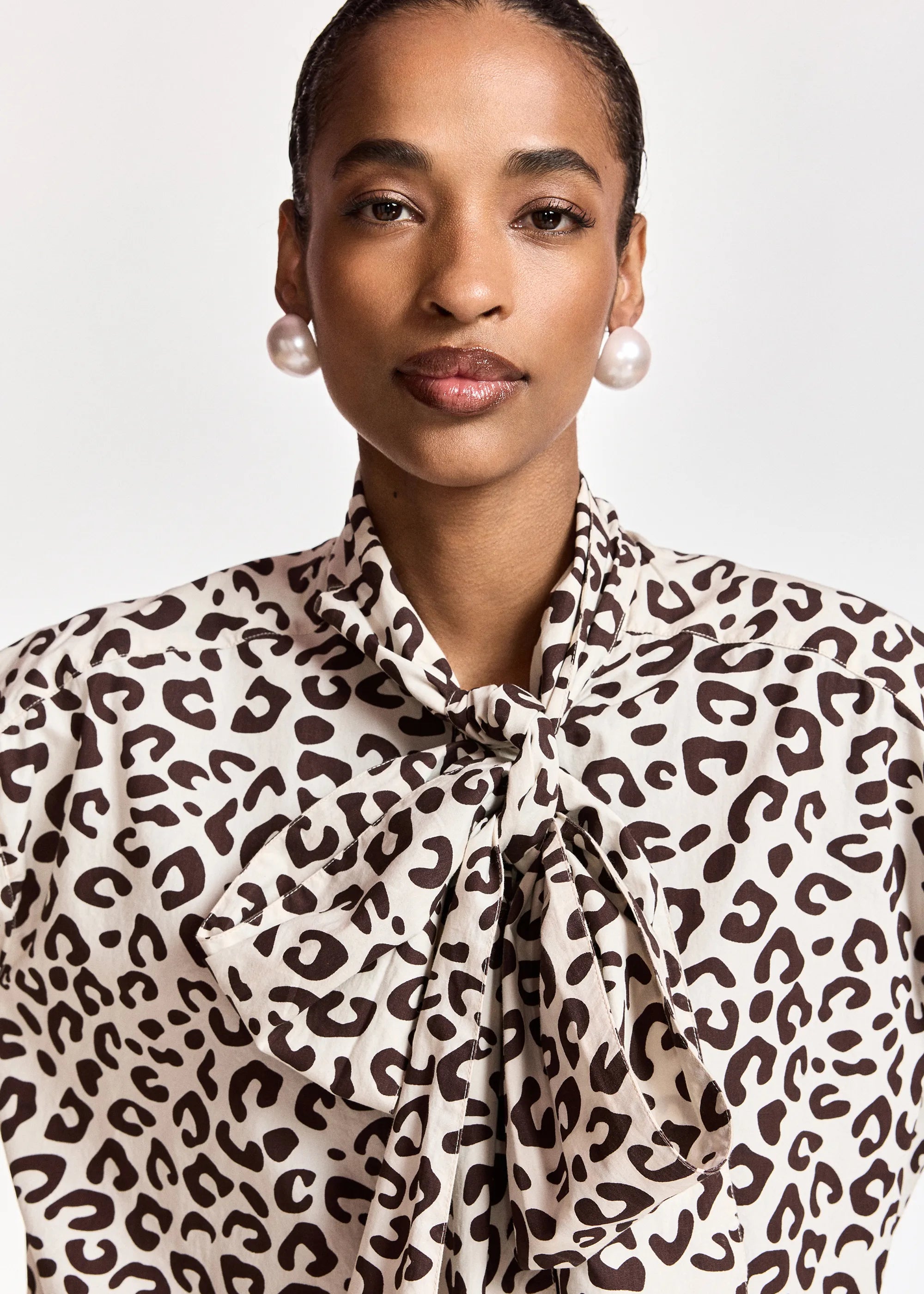 ESSENTIEL ANTWERP Khaleesi Leopard Print Pussy-bow Shirt in Brown/Cream
