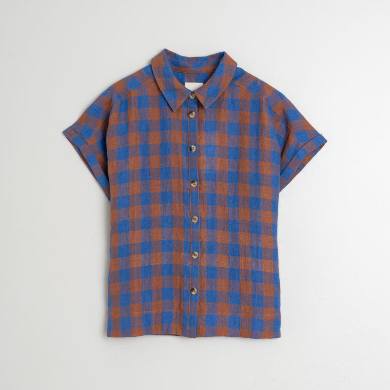 INDI & COLD Check Linen Top in Blue Klein