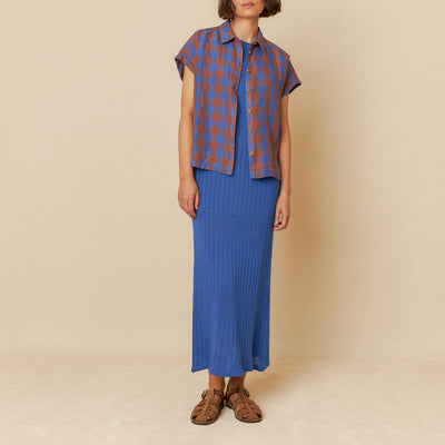 INDI & COLD Check Linen Top in Blue Klein