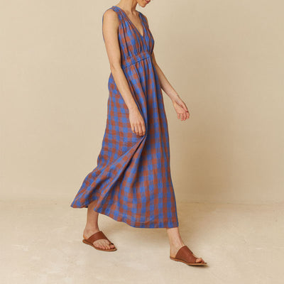 INDI & COLD Check Linen Dress in Klein Blue